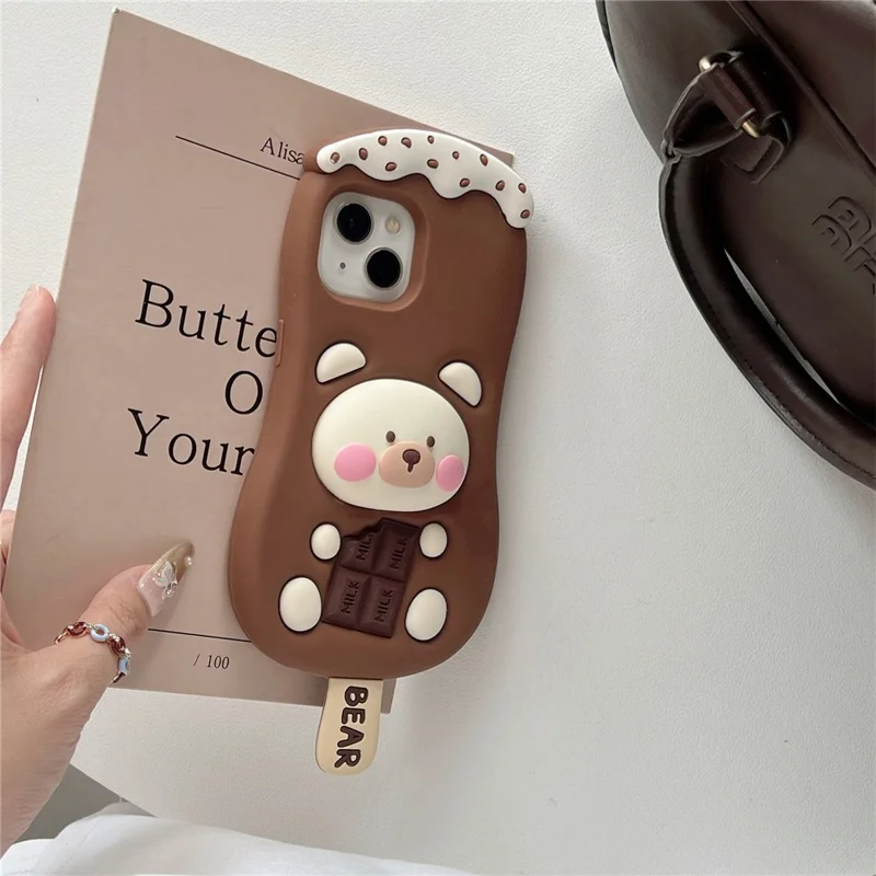 For iPhone 15 Silicone Case Cute Ice Cream Bear Design Shockproof Phone Back Cover
