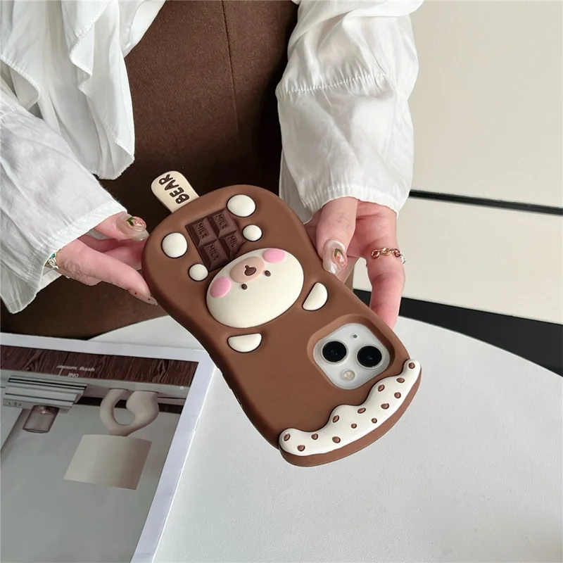 For iPhone 15 Silicone Case Cute Ice Cream Bear Design Shockproof Phone Back Cover