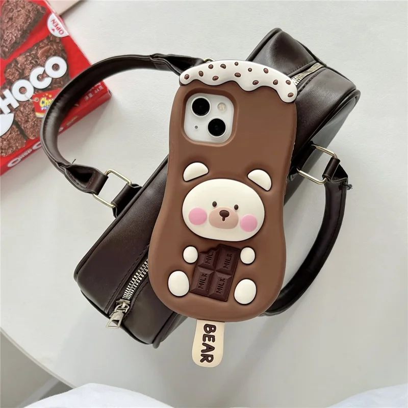 For iPhone 15 Silicone Case Cute Ice Cream Bear Design Shockproof Phone Back Cover