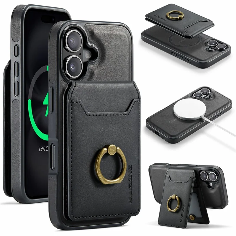 MAGKING K1 Series For iPhone 17 Magnetic Case PC + TPU + PU Phone Cover with Card Holder - Black