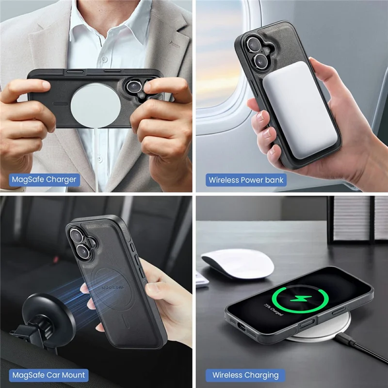 MAGKING K1 Series For iPhone 17 Magnetic Case PC + TPU + PU Phone Cover with Card Holder - Black