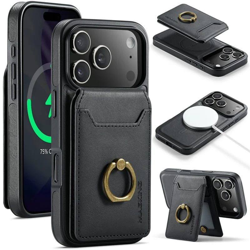 MAGKING K1 Series For 18 Pro / 17 Pro Magnetic Case PC + TPU + PU Phone Cover with Card Holder - Black