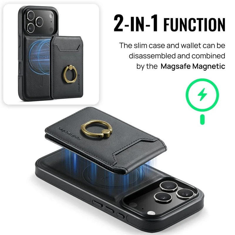 MAGKING K1 Series For iPhone 17 Pro Max Magnetic Case PC + TPU + PU Phone Cover with Card Holder - Black
