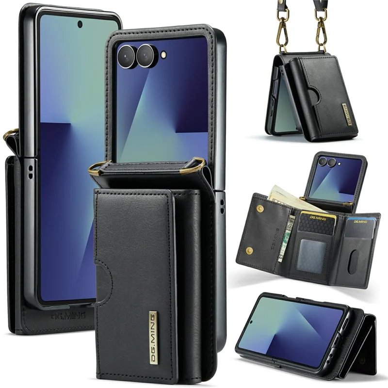 DG.MING M6 Series For Samsung Galaxy Z Flip7 5G Foldable Case PU + PC Phone Cover with Wallet  /  Shoulder Strap - Black