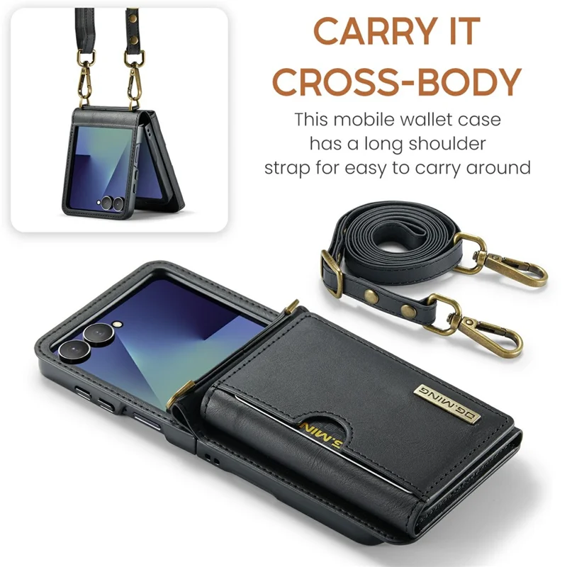 DG.MING M6 Series For Samsung Galaxy Z Flip7 5G Foldable Case PU + PC Phone Cover with Wallet  /  Shoulder Strap - Black