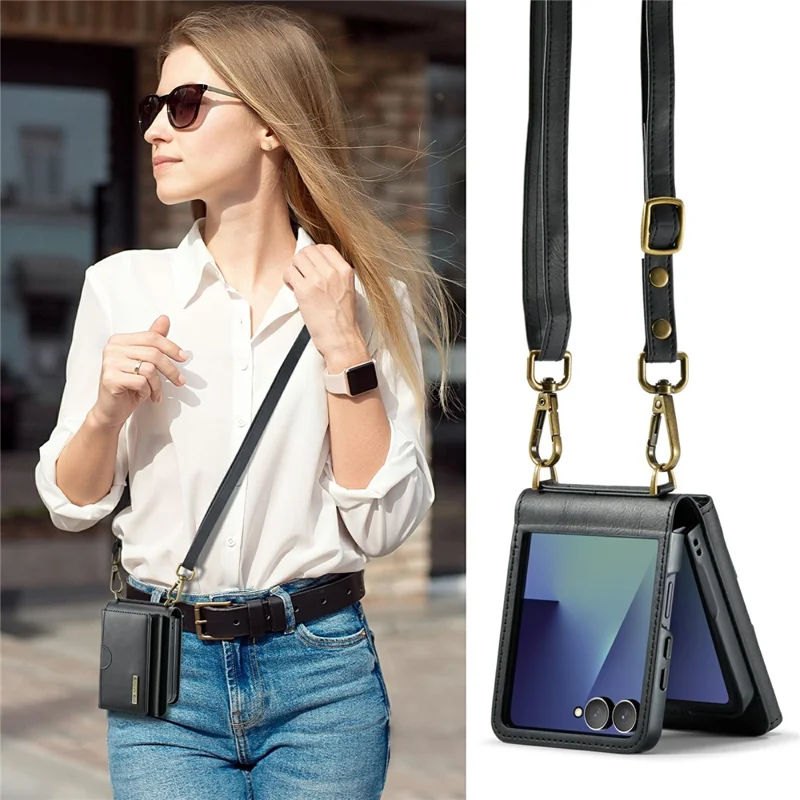 DG.MING M6 Series For Samsung Galaxy Z Flip7 5G Foldable Case PU + PC Phone Cover with Wallet  /  Shoulder Strap - Black