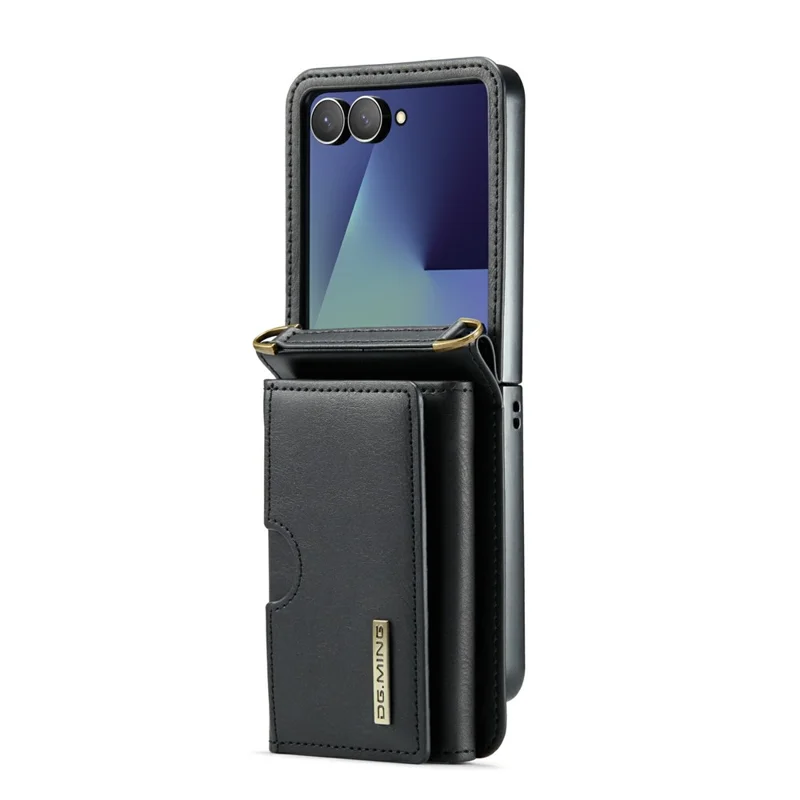DG.MING M6 Series For Samsung Galaxy Z Flip7 5G Foldable Case PU + PC Phone Cover with Wallet  /  Shoulder Strap - Black