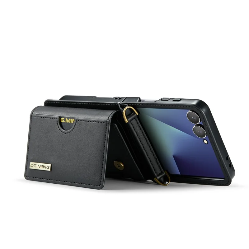 DG.MING M6 Series For Samsung Galaxy Z Flip7 5G Foldable Case PU + PC Phone Cover with Wallet  /  Shoulder Strap - Black