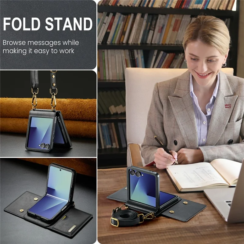 DG.MING M6 Series For Samsung Galaxy Z Flip7 5G Foldable Case PU + PC Phone Cover with Wallet  /  Shoulder Strap - Black