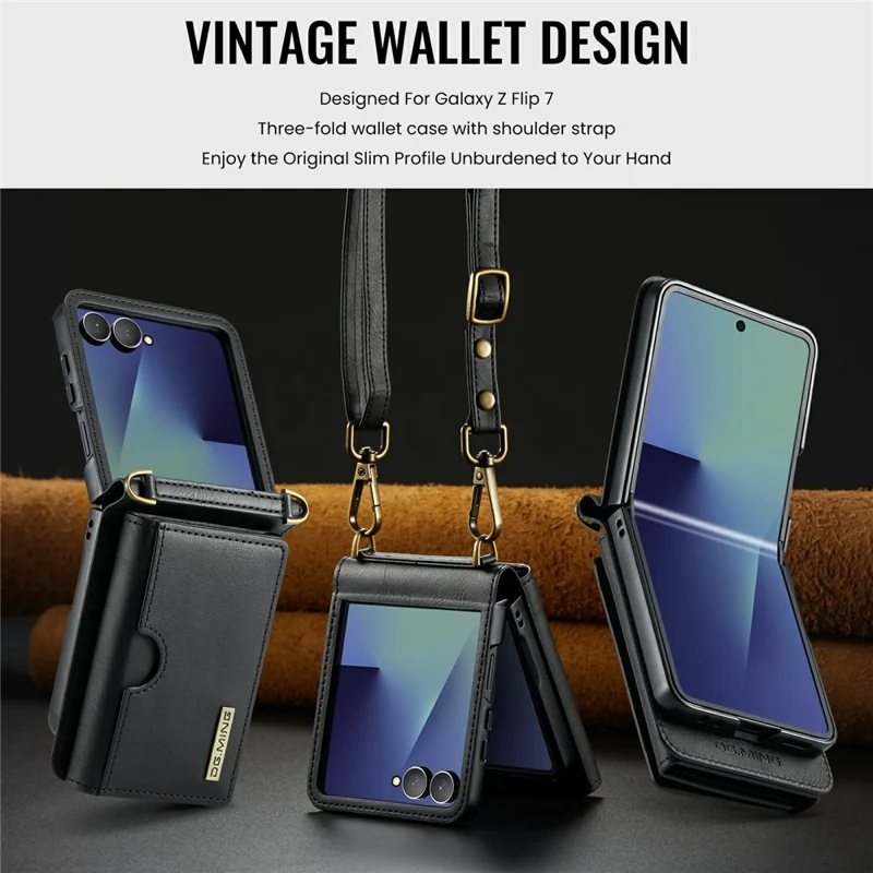 DG.MING M6 Series For Samsung Galaxy Z Flip7 5G Foldable Case PU + PC Phone Cover with Wallet  /  Shoulder Strap - Black