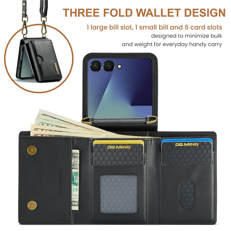 DG.MING M6 Series For Samsung Galaxy Z Flip7 5G Foldable Case PU + PC Phone Cover with Wallet  /  Shoulder Strap - Black