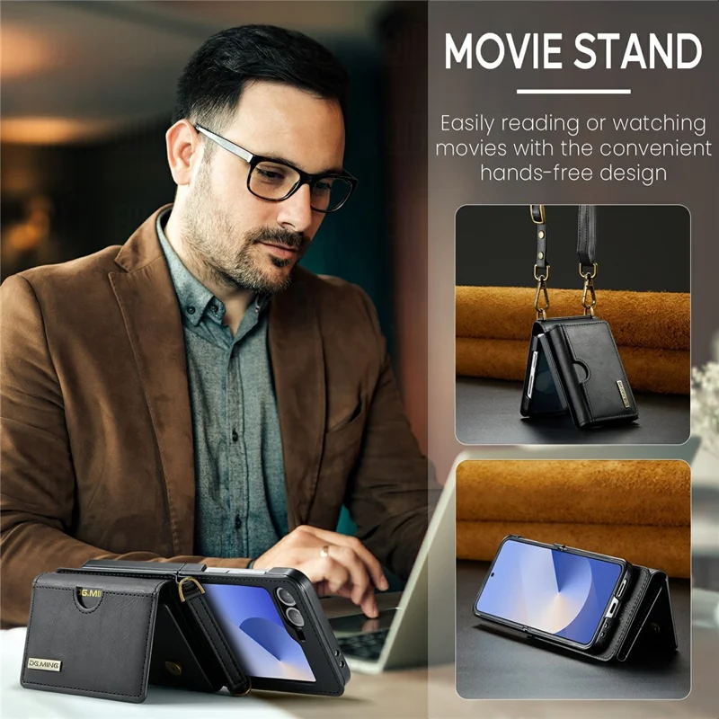 DG.MING M6-serie voor Samsung Galaxy Z Flip6 5G / Z Flip7 FE 5G Flexibele hoes van PU + PC met portemonnee / schouderband - Zwart