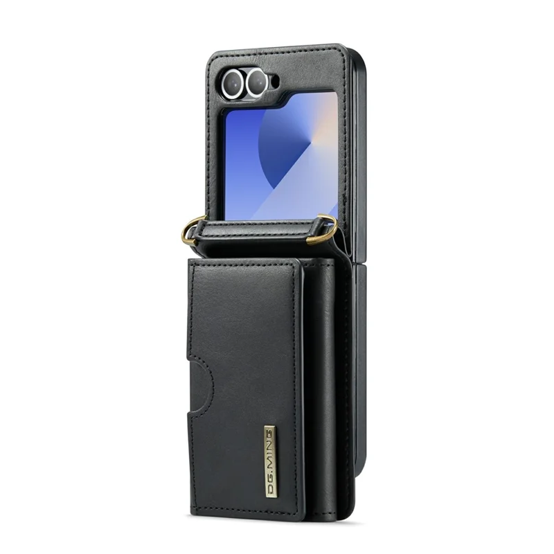 DG.MING M6-serie voor Samsung Galaxy Z Flip6 5G / Z Flip7 FE 5G Flexibele hoes van PU + PC met portemonnee / schouderband - Zwart