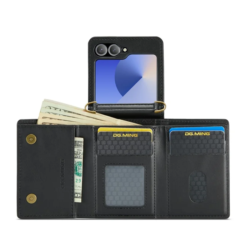 DG.MING M6-serie voor Samsung Galaxy Z Flip6 5G / Z Flip7 FE 5G Flexibele hoes van PU + PC met portemonnee / schouderband - Zwart