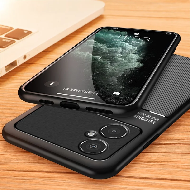 Protettore Posteriore Per Xiaomi Poco M4 5G, Linee Impronte in Pelle Pu+guscio Ibrido Tpu Con Tela in Metallo Integrato - Nero