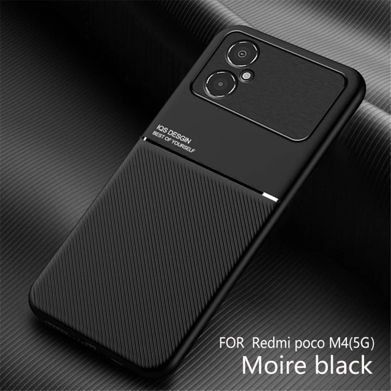 Protettore Posteriore Per Xiaomi Poco M4 5G, Linee Impronte in Pelle Pu+guscio Ibrido Tpu Con Tela in Metallo Integrato - Nero