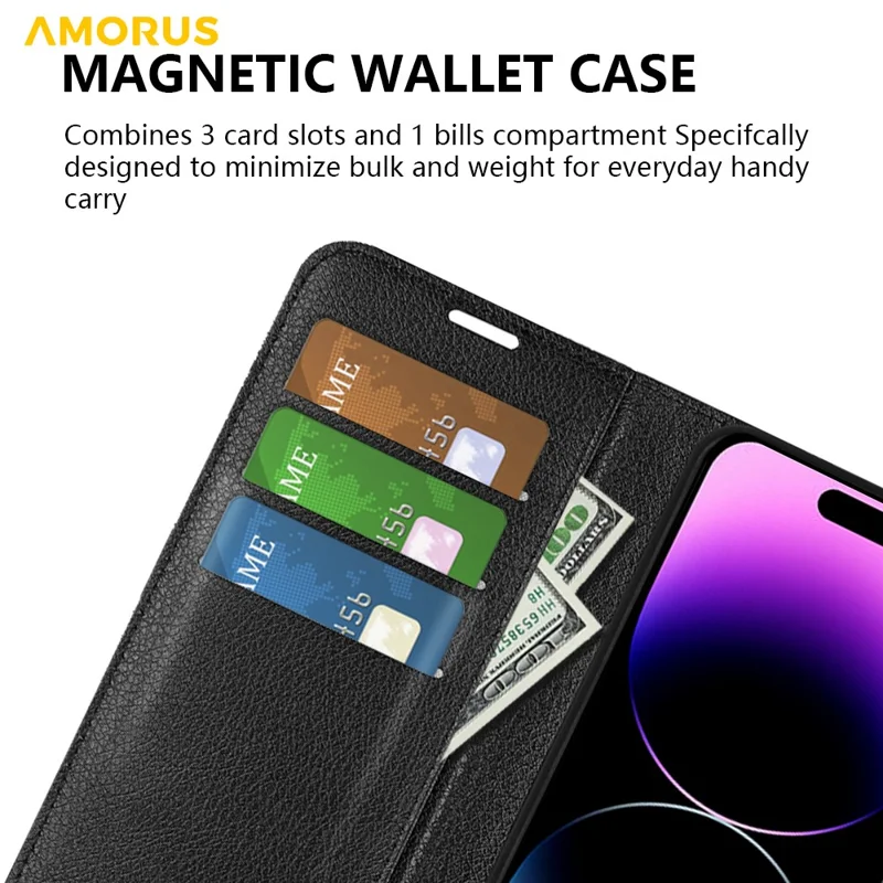 AMORUS Per iPhone 14 Pro Max Custodia Portafoglio Texture Litchi Antiurto Pelle Flip Stand Cover Telefono - Nero