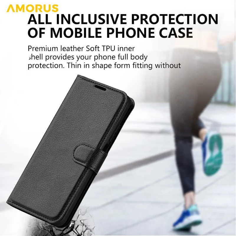 AMORUS Per iPhone 14 Pro Max Custodia Portafoglio Texture Litchi Antiurto Pelle Flip Stand Cover Telefono - Nero