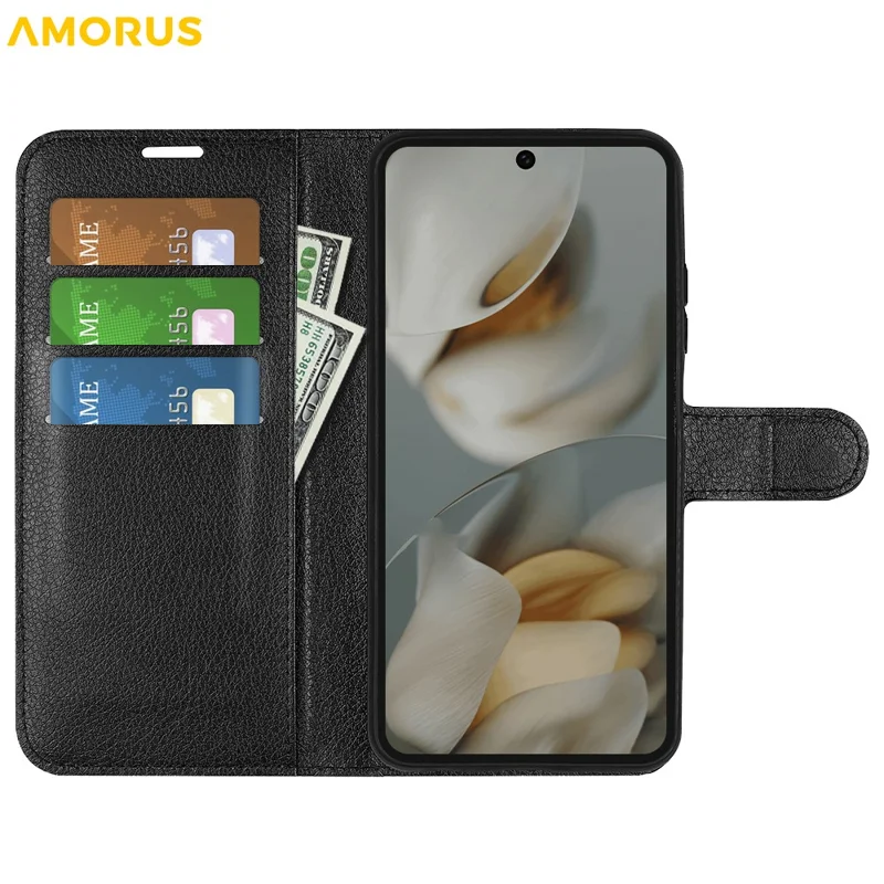 AMORUS Per Google Pixel 10 Pro XL Custodia Portafoglio Texture Litchi Antiurto Flip in Pelle Stand Cover per Telefono - Nero