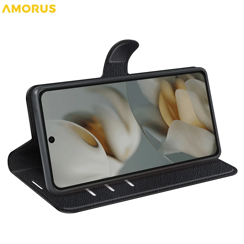 AMORUS Per Google Pixel 10 Pro XL Custodia Portafoglio Texture Litchi Antiurto Flip in Pelle Stand Cover per Telefono - Nero