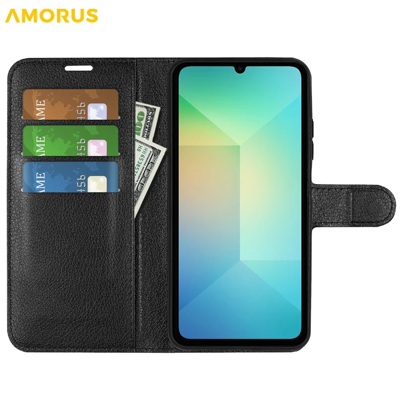 AMORUS For Samsung Galaxy A06 5G Wallet Case Litchi Texture Shockproof Leather Flip Stand Phone Cover - Black