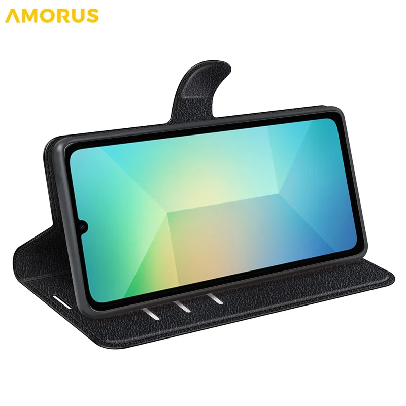 AMORUS For Samsung Galaxy A06 5G Wallet Case Litchi Texture Shockproof Leather Flip Stand Phone Cover - Black