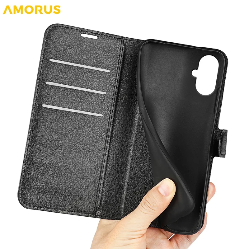 AMORUS For Samsung Galaxy A06 5G Wallet Case Litchi Texture Shockproof Leather Flip Stand Phone Cover - Black