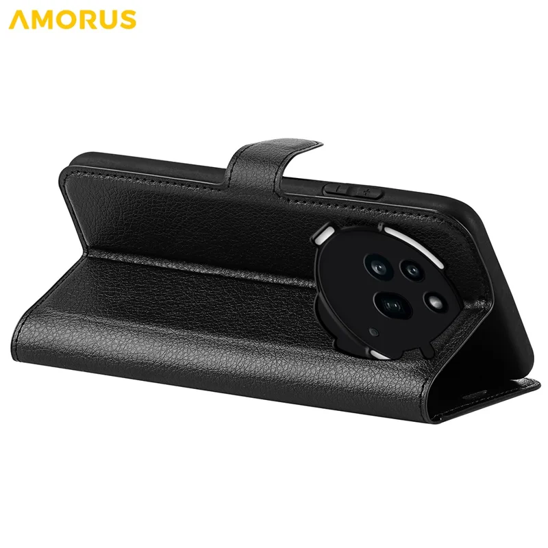 AMORUS For Nothing Phone (3a) Pro Wallet Case Litchi Texture Shockproof Leather Flip Stand Phone Cover - Black