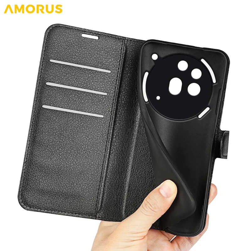 AMORUS For Nothing Phone (3a) Pro Wallet Case Litchi Texture Shockproof Leather Flip Stand Phone Cover - Black