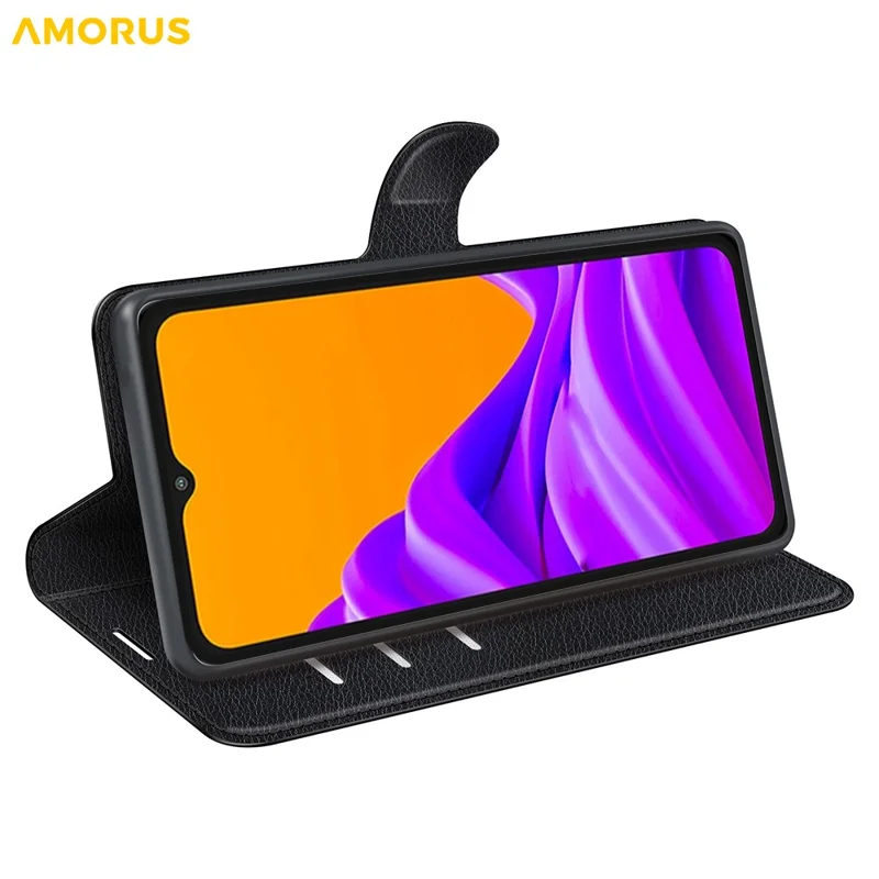 AMORUS etui portfelowe do Samsung Galaxy XCover7 Pro, etui typu folio z klapką, odpornym na wstrząsy skórzanej faktury litchi z funkcją podpórki - Czarny