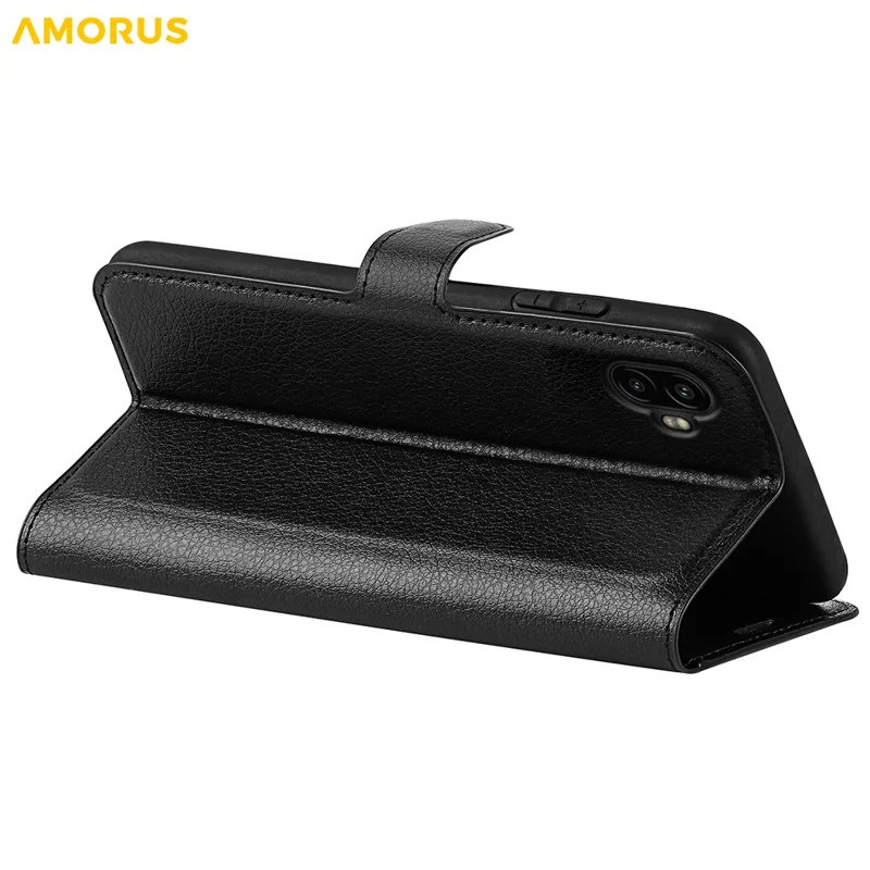 AMORUS etui portfelowe do Samsung Galaxy XCover7 Pro, etui typu folio z klapką, odpornym na wstrząsy skórzanej faktury litchi z funkcją podpórki - Czarny