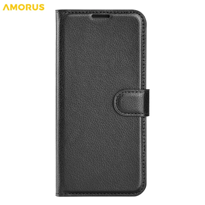 AMORUS etui portfelowe do Samsung Galaxy XCover7 Pro, etui typu folio z klapką, odpornym na wstrząsy skórzanej faktury litchi z funkcją podpórki - Czarny