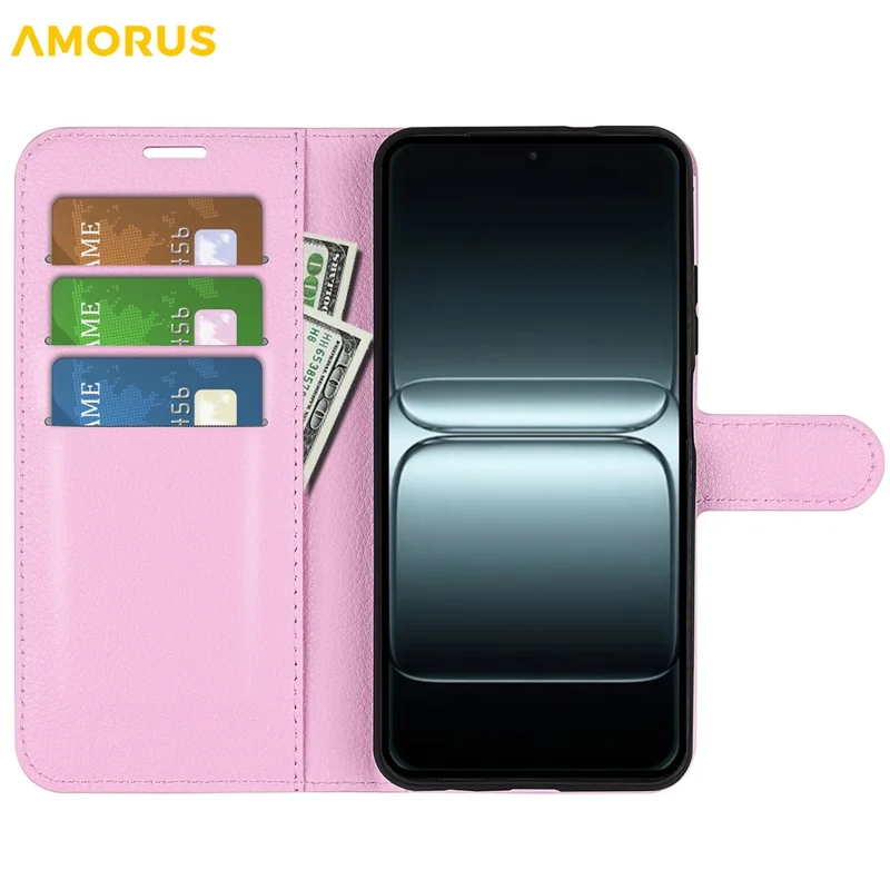 AMORUS For OnePlus 13T 5G Wallet Case Litchi Texture Shockproof Leather Flip Stand Phone Cover - Pink