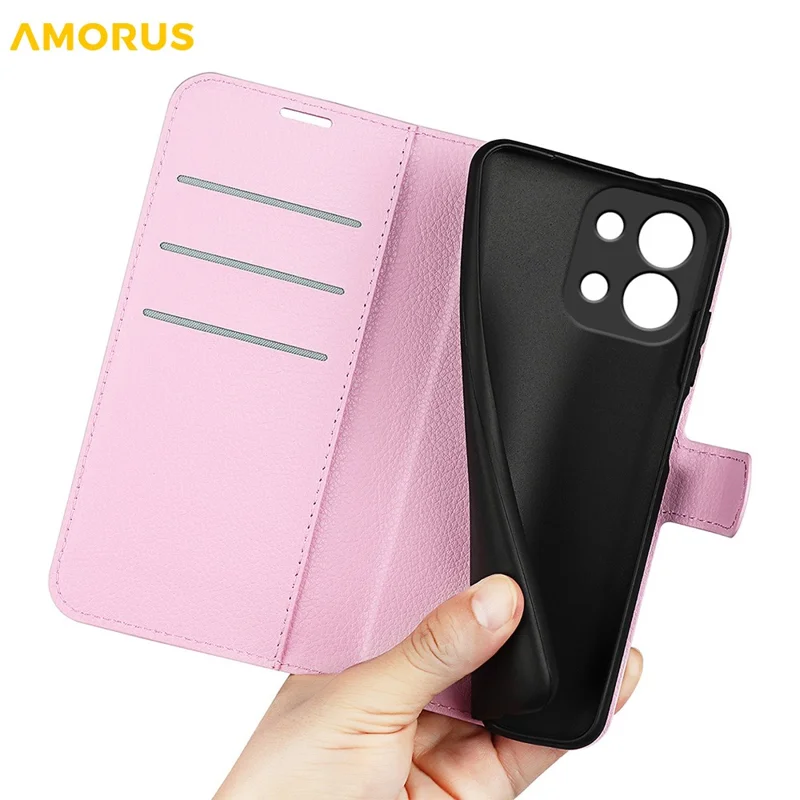 AMORUS For OnePlus 13T 5G Wallet Case Litchi Texture Shockproof Leather Flip Stand Phone Cover - Pink