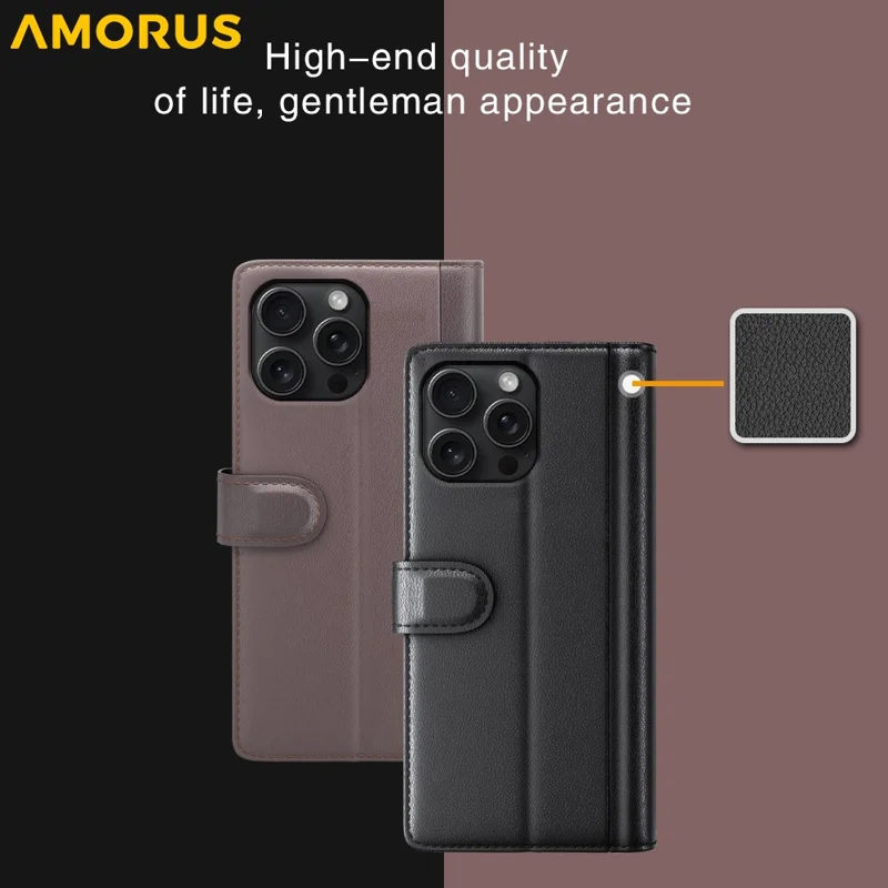 AMORUS For iPhone 16 Pro Stand Cases Calf Texture Genuine Split Leather Wallet Phone Cover - Black