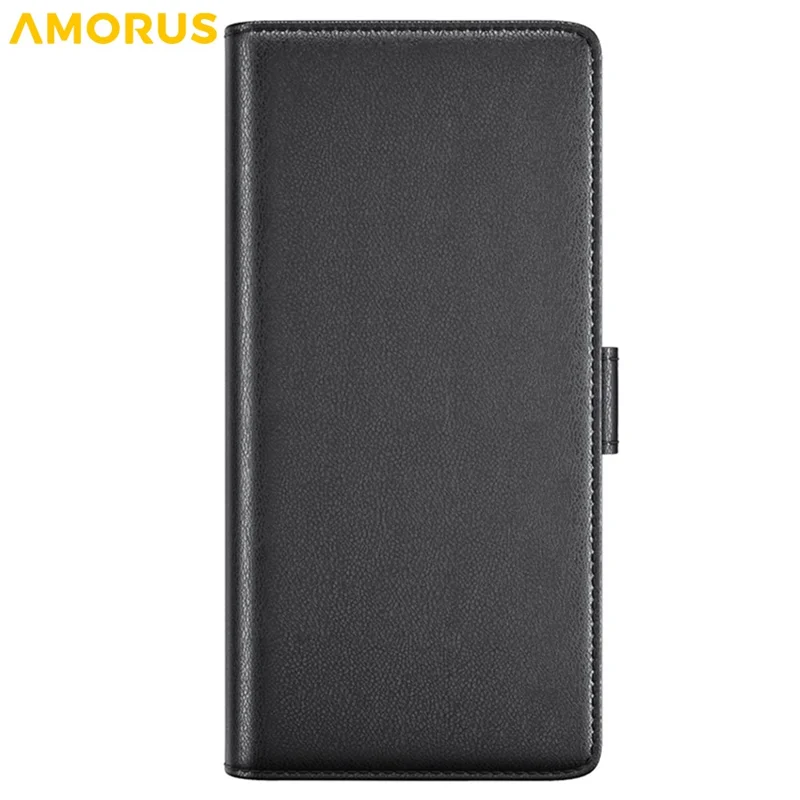 AMORUS For iPhone 16 Pro Stand Cases Calf Texture Genuine Split Leather Wallet Phone Cover - Black