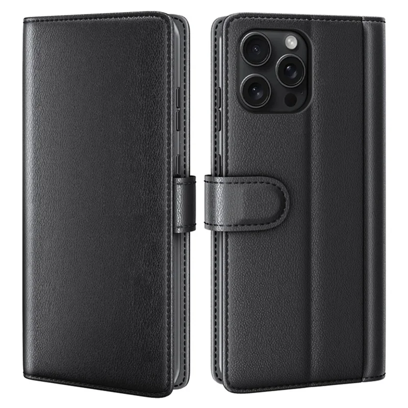 AMORUS For iPhone 16 Pro Max Stand Cases Calf Texture Genuine Split Leather Wallet Phone Cover - Black