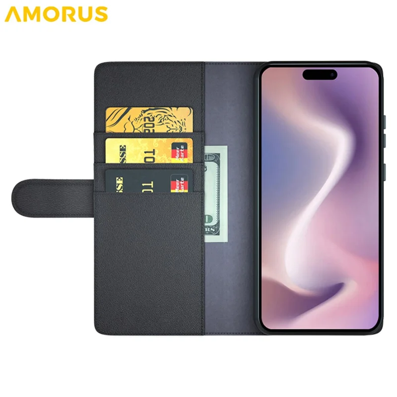 AMORUS For iPhone 16 Pro Max Stand Cases Calf Texture Genuine Split Leather Wallet Phone Cover - Black