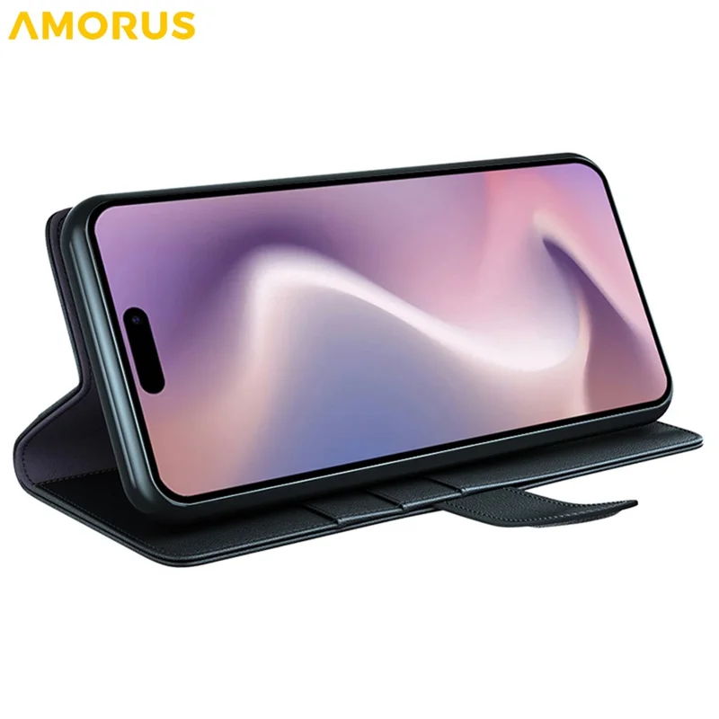 AMORUS For iPhone 16 Pro Max Stand Cases Calf Texture Genuine Split Leather Wallet Phone Cover - Black