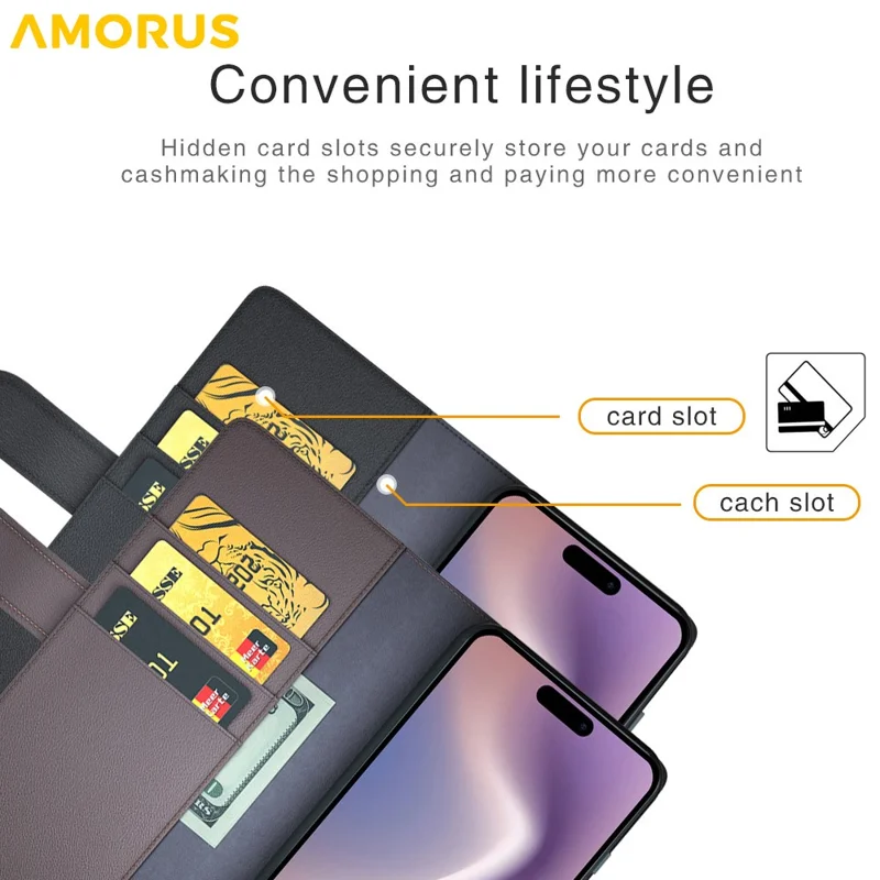 AMORUS For iPhone 16 Pro Max Stand Cases Calf Texture Genuine Split Leather Wallet Phone Cover - Black