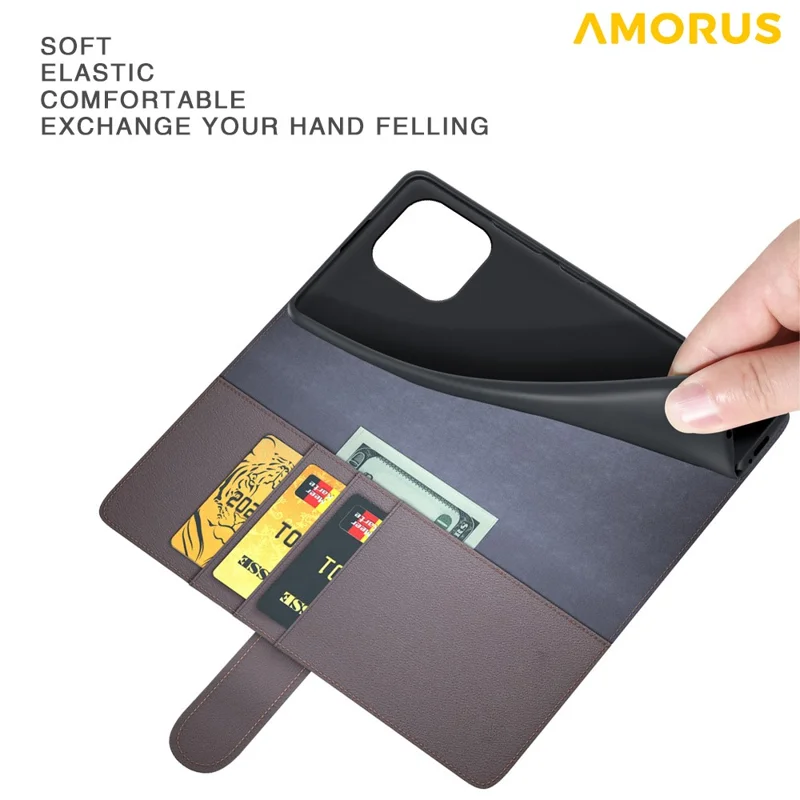 AMORUS For iPhone 16 Pro Max Stand Cases Calf Texture Genuine Split Leather Wallet Phone Cover - Black
