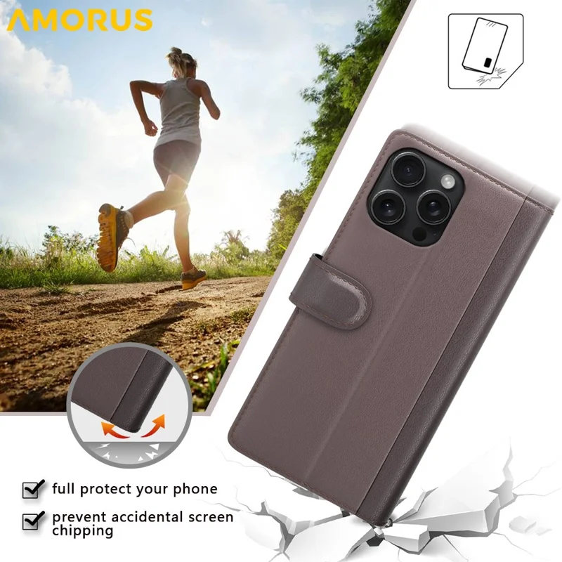 AMORUS For iPhone 16 Pro Max Stand Cases Calf Texture Genuine Split Leather Wallet Phone Cover - Black