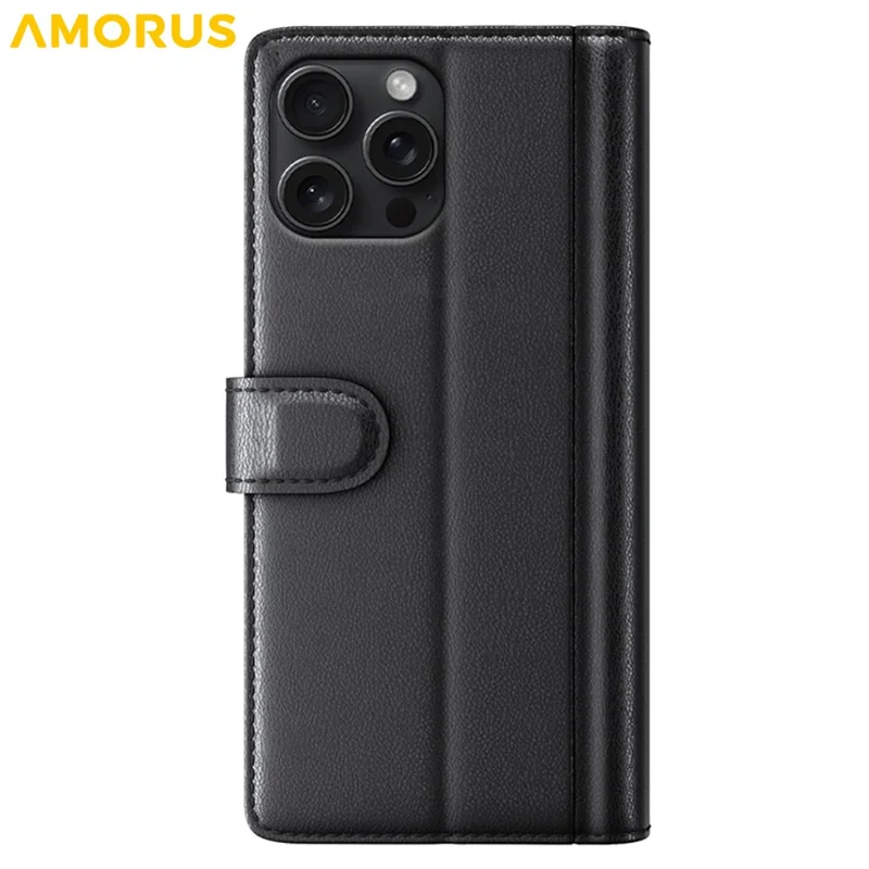 AMORUS For iPhone 16 Pro Max Stand Cases Calf Texture Genuine Split Leather Wallet Phone Cover - Black