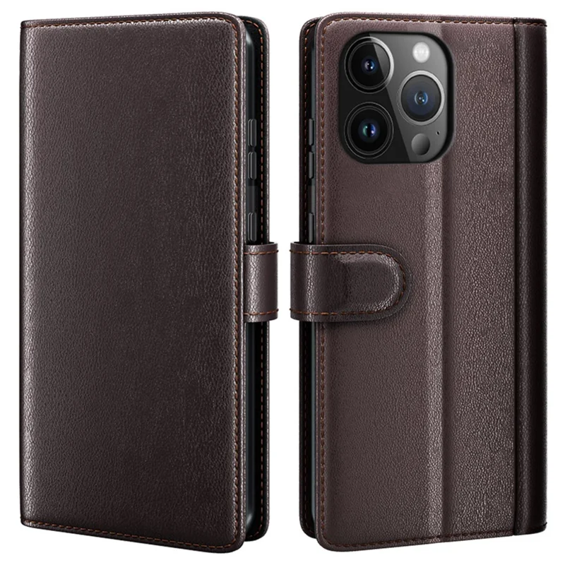AMORUS For iPhone 14 Pro Max Stand Cases Calf Texture Genuine Split Leather Wallet Phone Cover - Brown