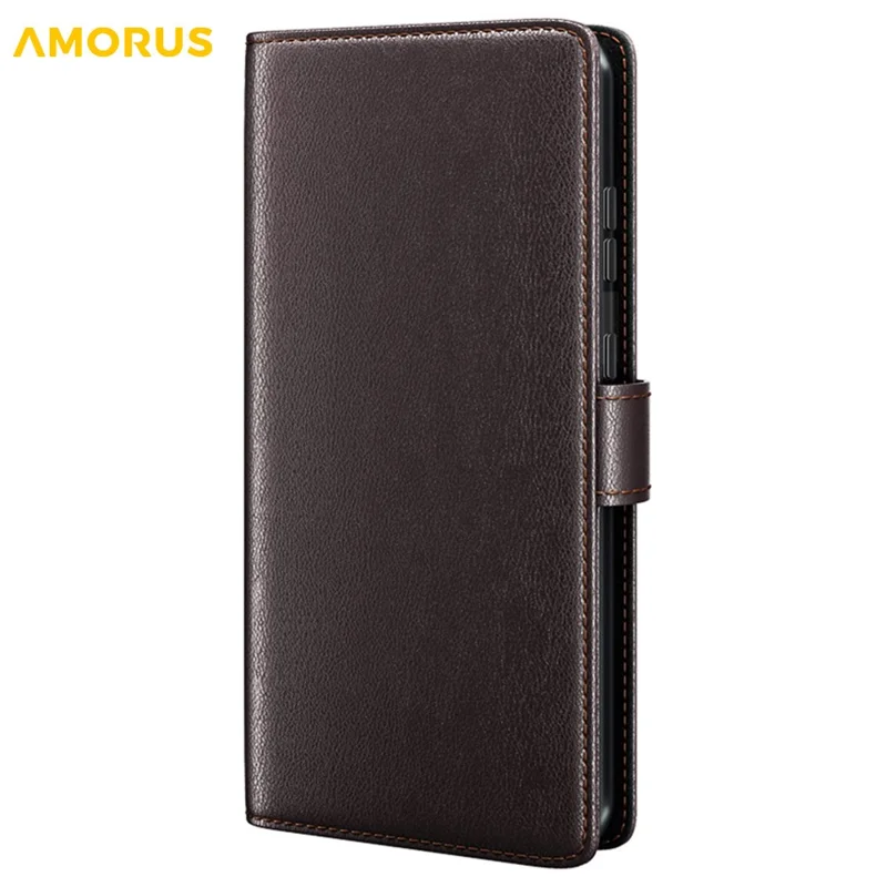 AMORUS For iPhone 14 Pro Max Stand Cases Calf Texture Genuine Split Leather Wallet Phone Cover - Brown