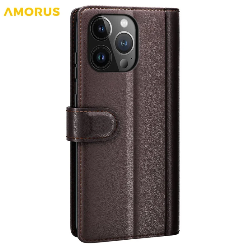 AMORUS For iPhone 14 Pro Max Stand Cases Calf Texture Genuine Split Leather Wallet Phone Cover - Brown