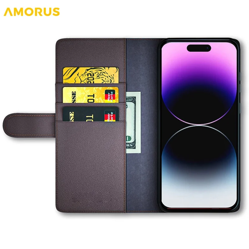 AMORUS For iPhone 14 Pro Max Stand Cases Calf Texture Genuine Split Leather Wallet Phone Cover - Brown