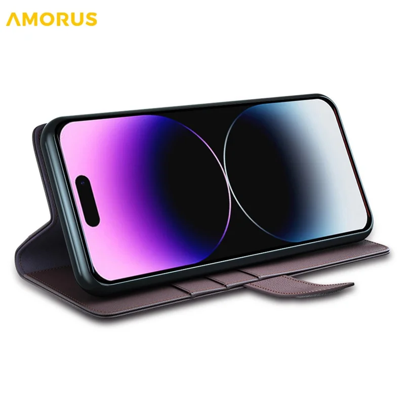 AMORUS For iPhone 14 Pro Max Stand Cases Calf Texture Genuine Split Leather Wallet Phone Cover - Brown