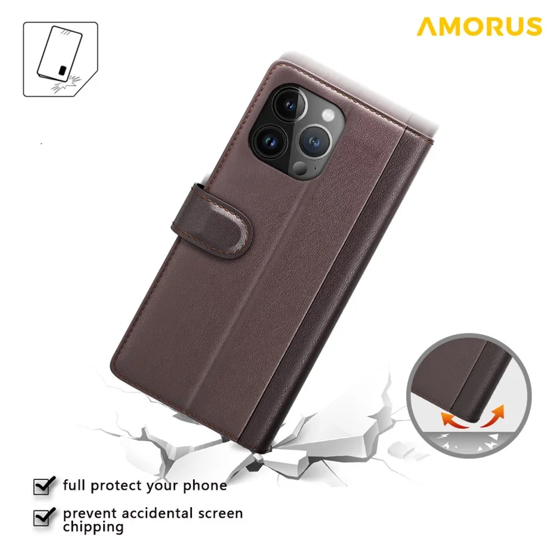 AMORUS For iPhone 14 Pro Max Stand Cases Calf Texture Genuine Split Leather Wallet Phone Cover - Brown