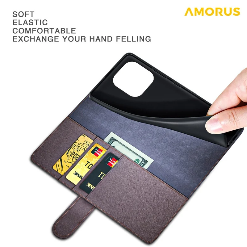 AMORUS For iPhone 14 Pro Max Stand Cases Calf Texture Genuine Split Leather Wallet Phone Cover - Brown